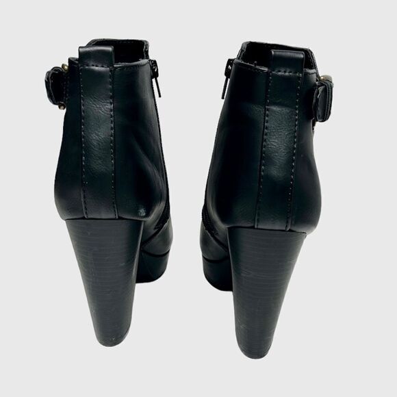 Material Girl Black Heeled Boots Moto Combat Ankle Booties with Heel Buckle Zip - Picture 5 of 12